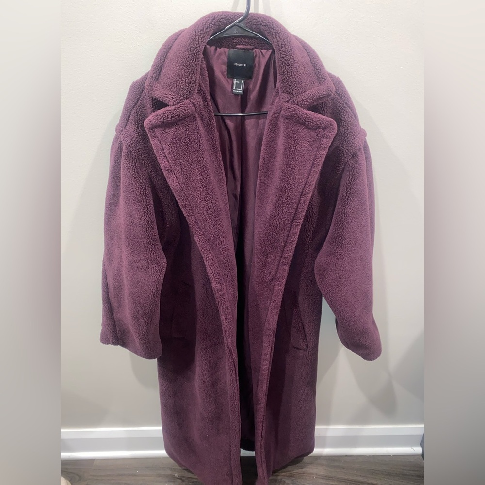 Forever 21 Purple Faux Fur Long Overcoat Collared Lined Pockets Women’s Small